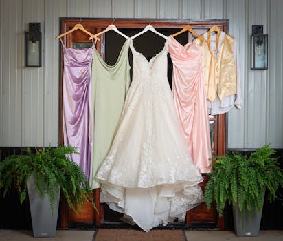 A beautiful sustainable wedding dress hanging in a boutique