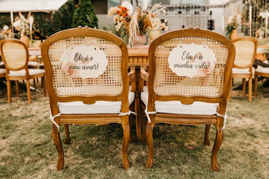 beautiful wooden chairs set up for a wedding ceremony