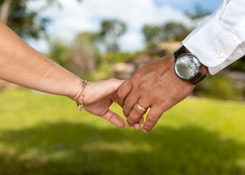 Eco-conscious couple shopping for wedding bands