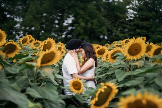 A couple happily looking at their wedding photos